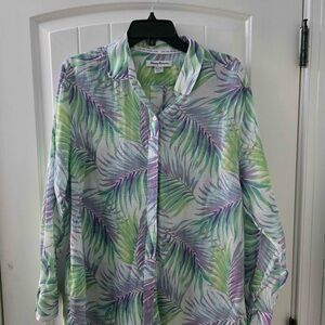 Tommy Bahama L White Tee with Green and Purple Leaf Print plus an XL over shirt